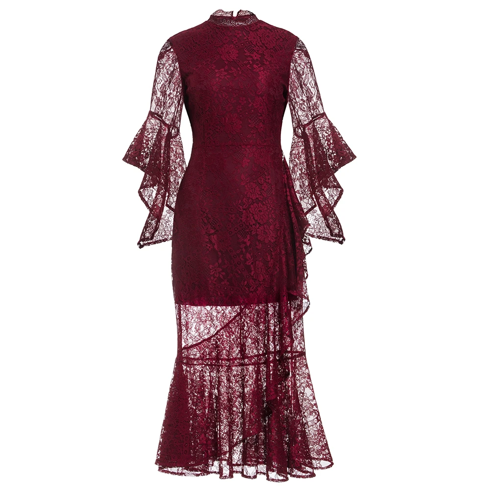 

Elegant Lace Mermaid Dress Women Evening Party Date Red Flared Long Sleeve Bodycon Autumn Fall Ladies Midi Dresses Vintage 2021
