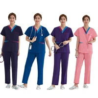 women nurse medical uniform scrub sets 2 piece v neck top drawstring pants soft lightweight nursing slim beautician suit 107