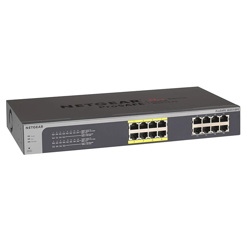 Netgear JGS516PE ProSafe Plus Ethernet Switch - 16 Ports - 8 x POE - 8 x RJ-45 - 10/100/1000Base-T - Desktop