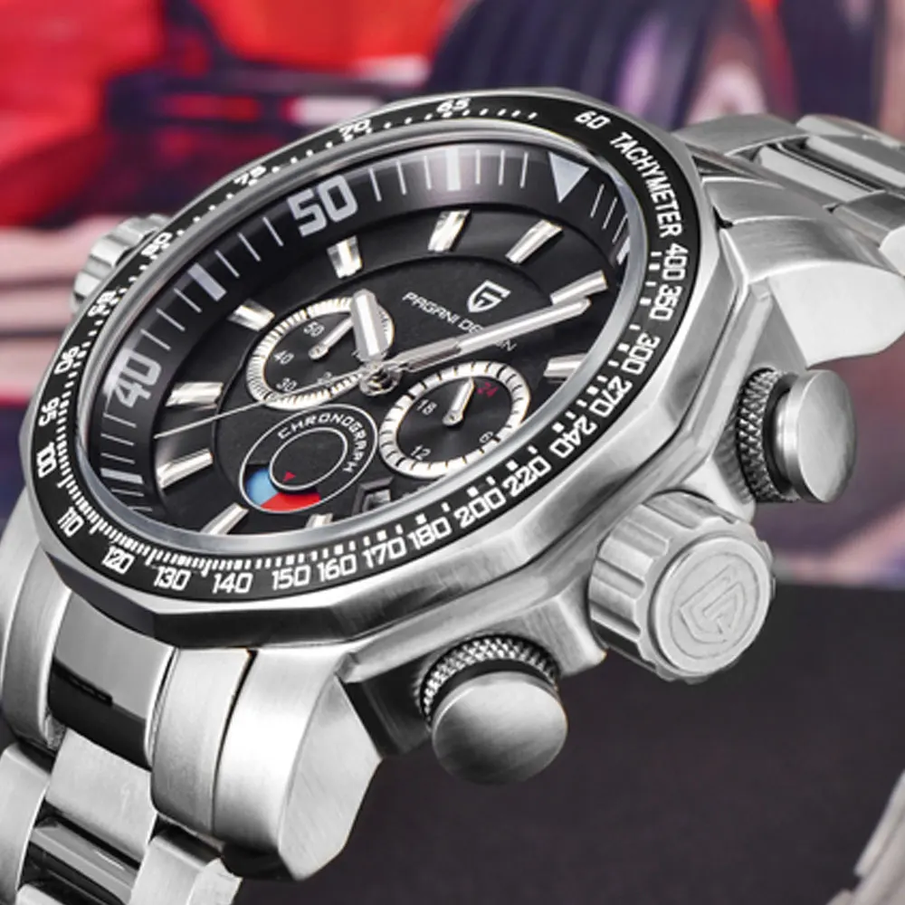 Часы Pagani с черным циферблатом 60 мм многофункциональные кварцевые часы ремешком