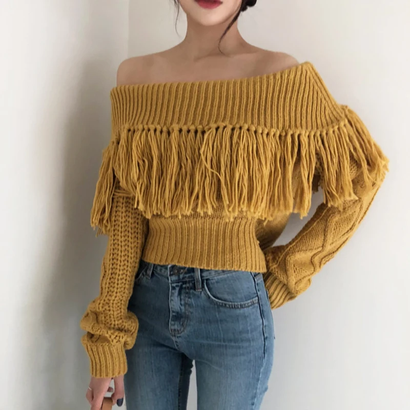 Woherb Sexy Off Shoulder Tassel Sweater Women Loose Long Sleeve Twist Knitted Pullovers 2021 Vintage Korean Crop Sweaters Jumper | Женская
