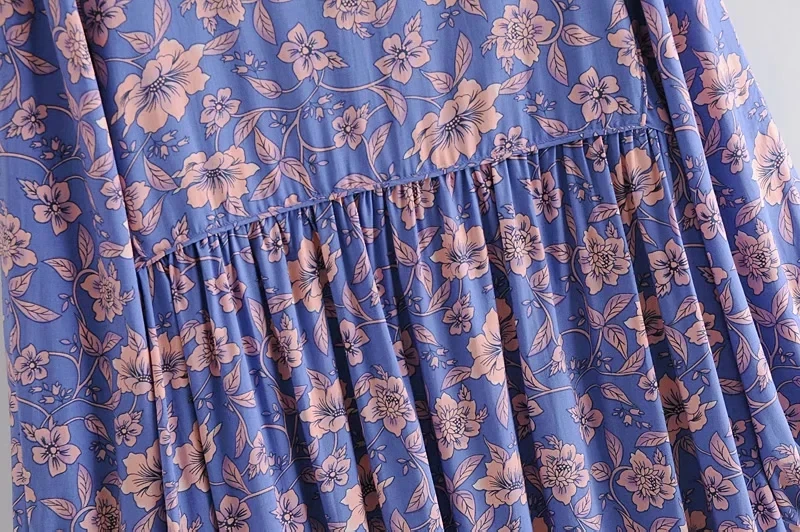 

SALEQI women long sleeve tie neck Ethnic blue floral beach Bohemian maxi dress Ladies cotton Boho dress new summer dress 2021
