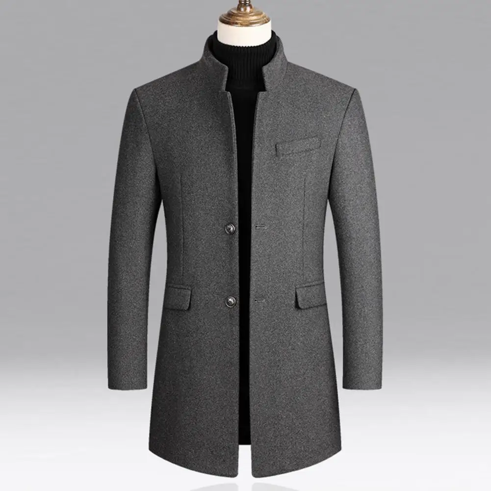 

Stylish Pure Color Slim Trench Coat Woolen Coat Streetwear Pockets