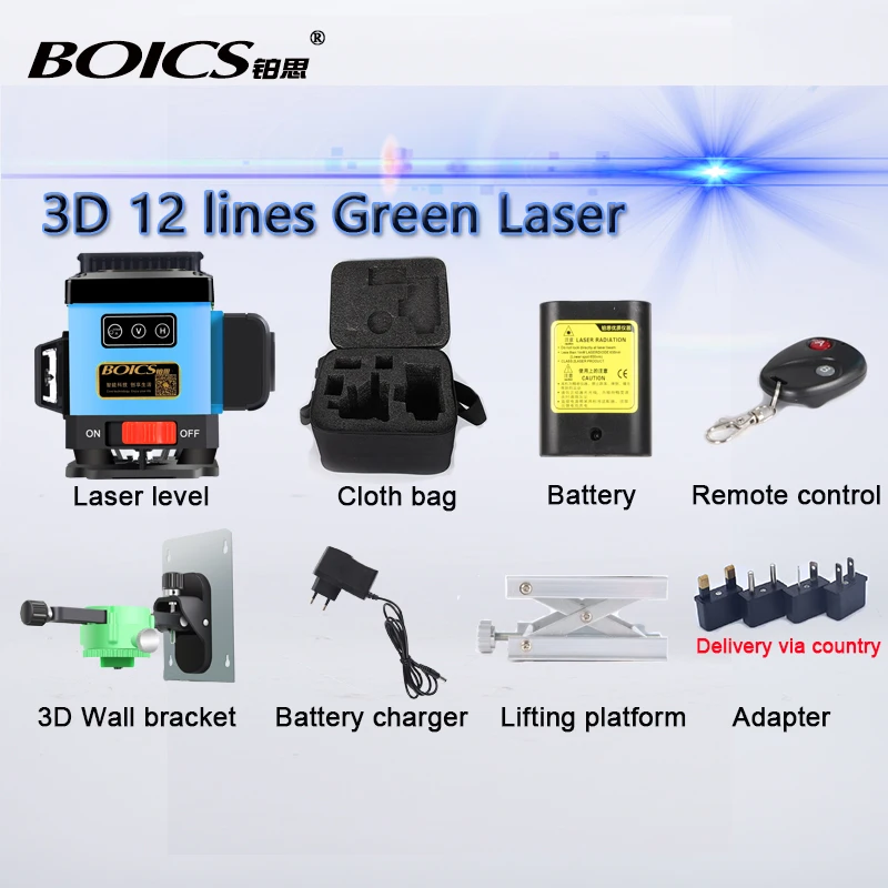 3Ds Blue Line Laser Boics Лазерная поперечная линия 360 градусов вращающийся лазерный уровень самонивелирующийся 12 линий 8V4H линейный нивелир с беспроводным пультом дистанционного управления - Цвет: 3Ds Blue Line Laser