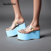womens solid summer one font super high heel sandals female bright diamond wedges wear resistant rubber sole shoes metal rivets