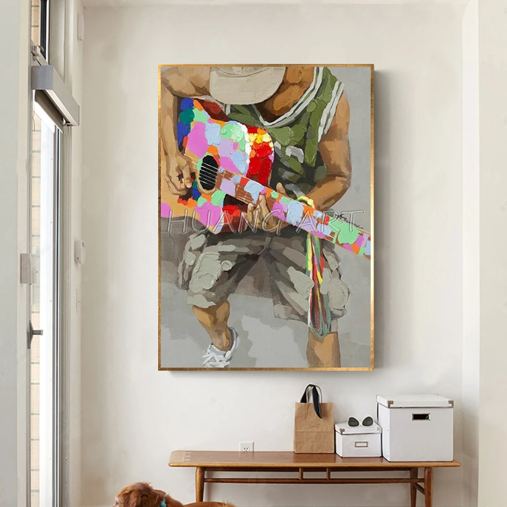 Hand-painted Guitar Man Knife Portrait Oil Painting on Canvas for Wall Decor Modern Rock Music Abstract Figure | Дом и сад