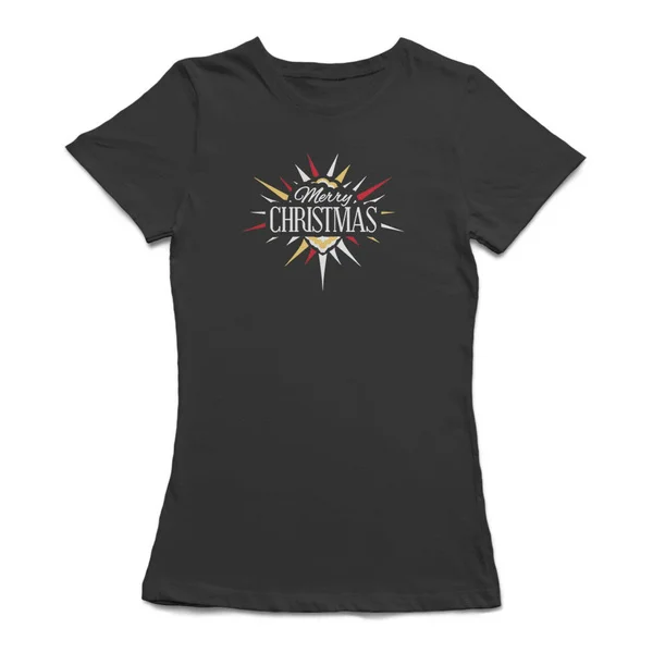 

Merry Christmas White Text and Red & Yellow Graphic Women's Black T-shirt