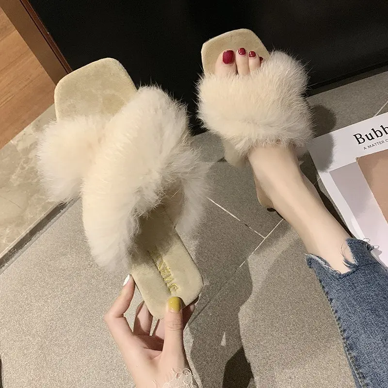 

Square Toe Black Slippers Women Shoes Woman Autumn Fur Flip Flops Anti-slip Slippers PU Light Flip Flops Female Casual Shoes