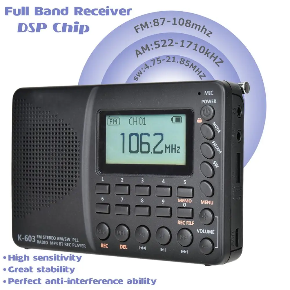 JINSERTA Новый FM/AM/SW радиоприемник многодиапазонный Портативный запись звука басов