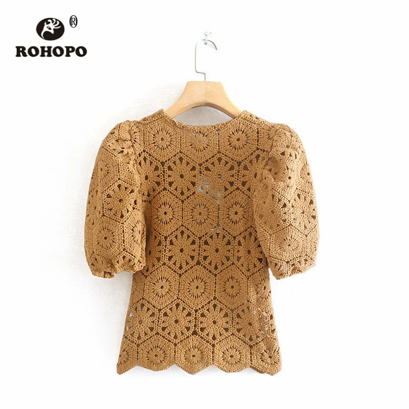 ROHOPO жаккардовый цветочный вязаный желтый топ тройники круглый воротник с