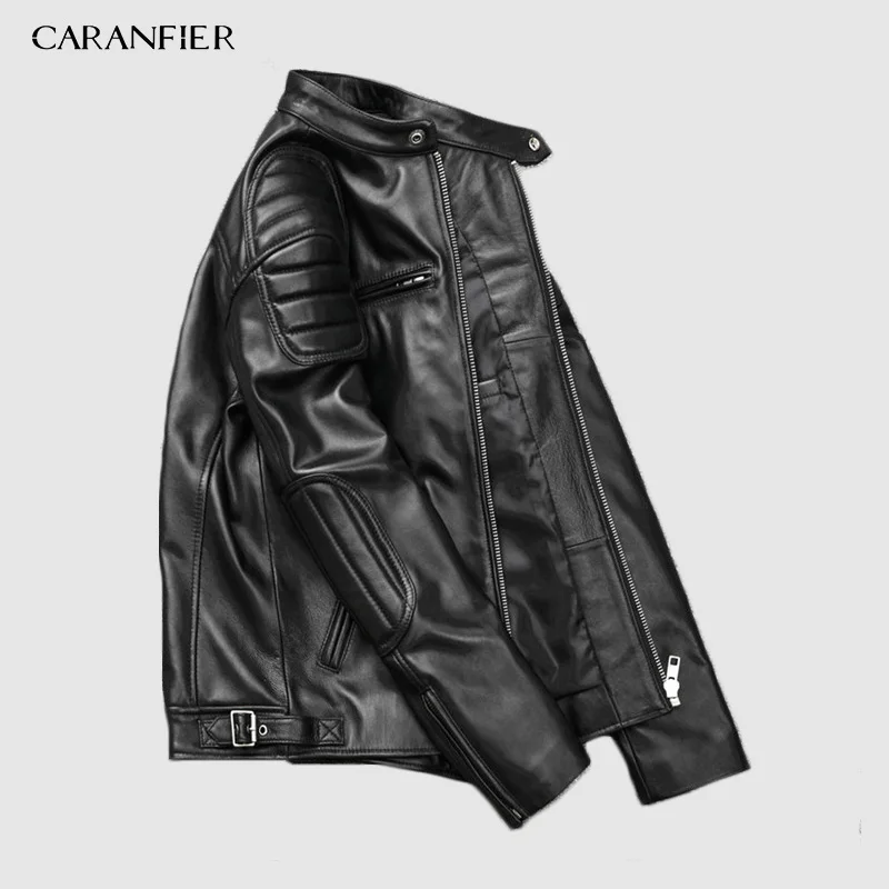 CARANFIER/, винтажная куртка из натуральной кожи, мужские куртки из телячьей кожи, черная мото одежда, мужская байкерская куртка, кожаное тонкое пальто для мальчиков