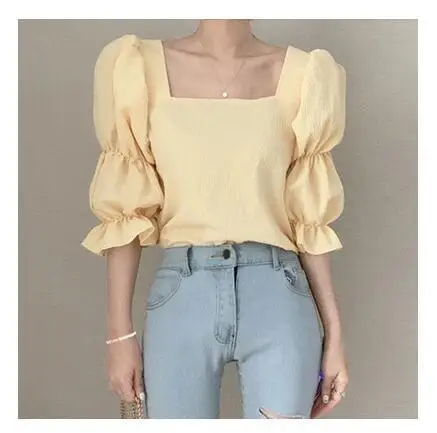 

Shirts Vintage Puff Sleeve Blouse Square Neck Shirts Tops Sexy Slim Women Blouse Shirt Black Sweet 2021 Spring Summer Lady