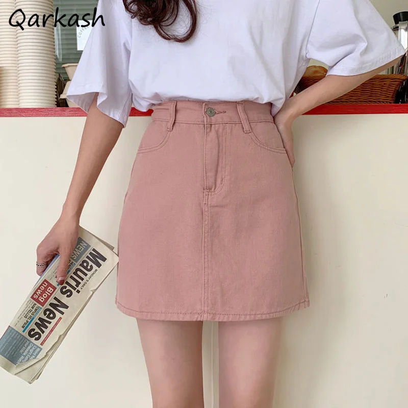 

Skirts Women Sweet Candy Colors Maiden Student Daily Street All-match Casual Denim Elastic Waist Mini Pockets A-line Mujer Retro