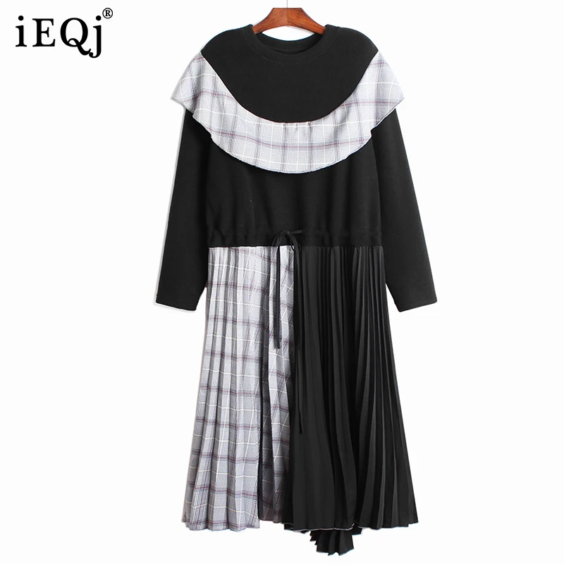 

IEQJ 2021 Autumn Winter New Ruffle Stitched Pleated Dress Women Loose Contrast Color Lace Up Dresses Female Fashion 3W275