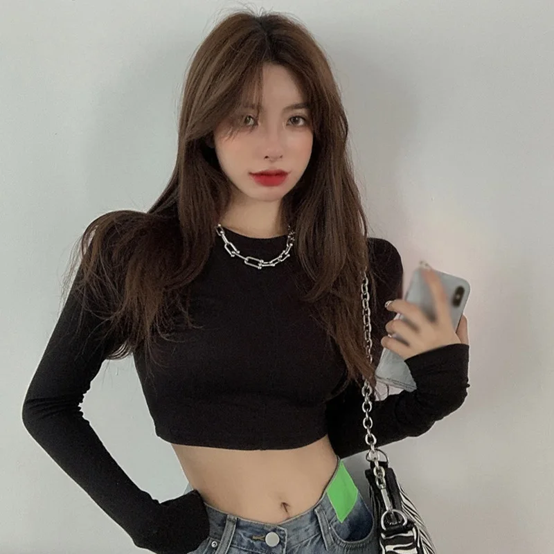 

Женская Сексуальная футболка, однотонные базовые Топы с длинным рукавом, повседневные Черные и белые модные кроп-топы, футболка