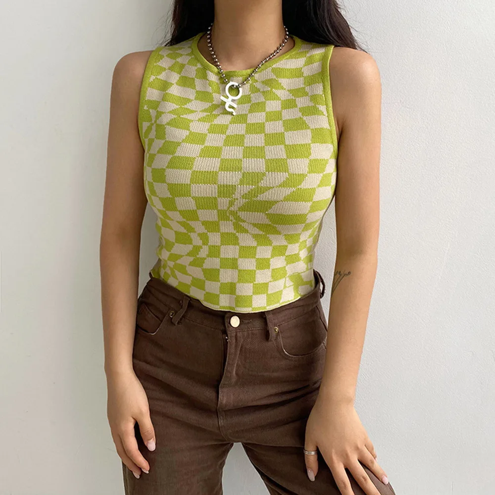 

Dihope Plaid Printed Y2K Knitted Women's Tank Tops Summer Harajuku Vintage Crop Tee Streetwear Aesthetic Cute Shirts 2021