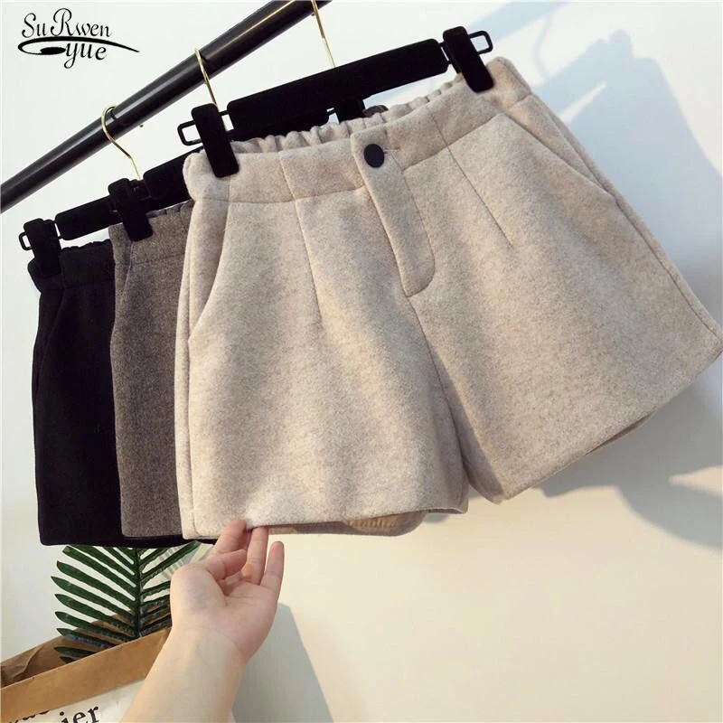 

Plus Size S-5XL Wide Leg Woolen Women Shorts Korean Winter Elastic Waist Shorts Khaki Black Apricot New Pantalon Femme 18010