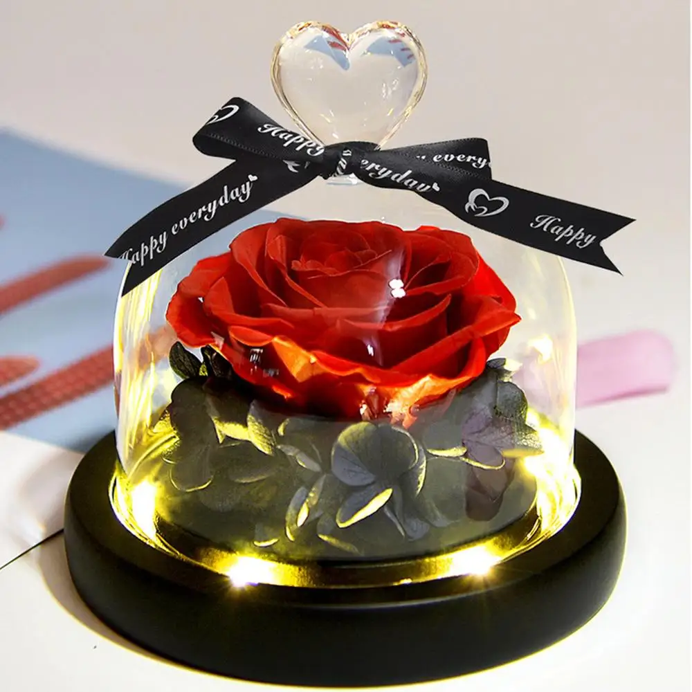 

Eternal Preserved Rose Flower in Removable Glass Dome with LED Light Gift Box for Anniversary Valentine Forever Rose Gift
