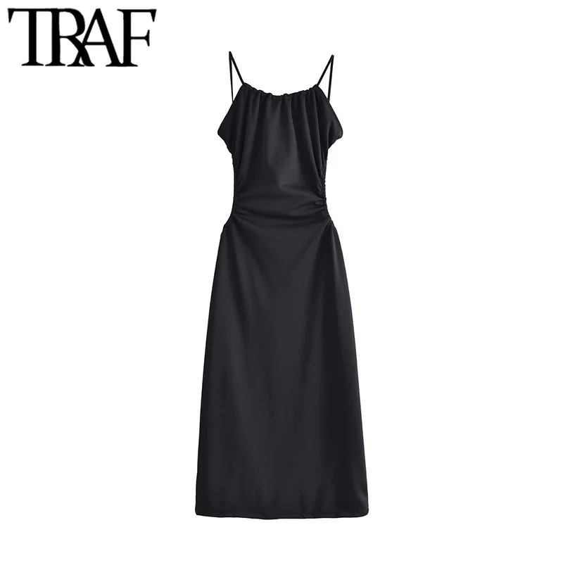 

Платье-миди женское ДРАПИРОВАННОЕ с открытой спиной и тонкими бретельками