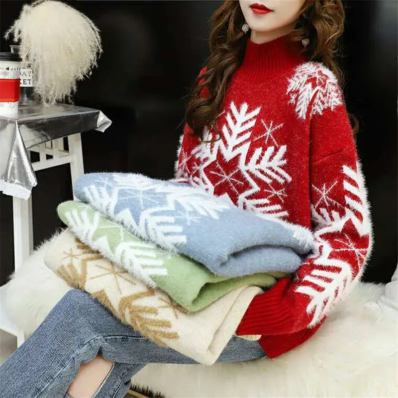 Half-neck Sweater Female Loose Head Lazy Style New Autumn And Winter Christmas Red Casual Plus Size | Женская одежда