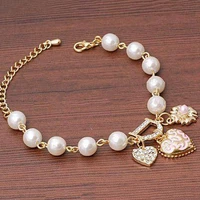 fashion korean trendy women imitation pearl chain bracelet love heart crystal charms bracelet jewelry accessories