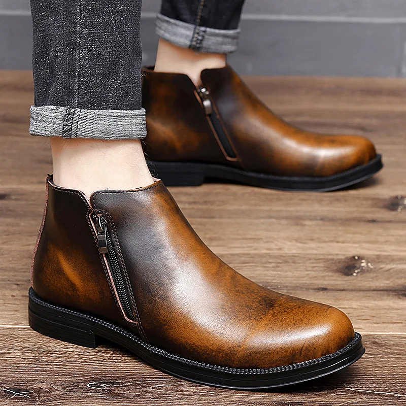 Мужские кожаные ботинки челси коричневые ботильоны из воловьей кожи на молнии с