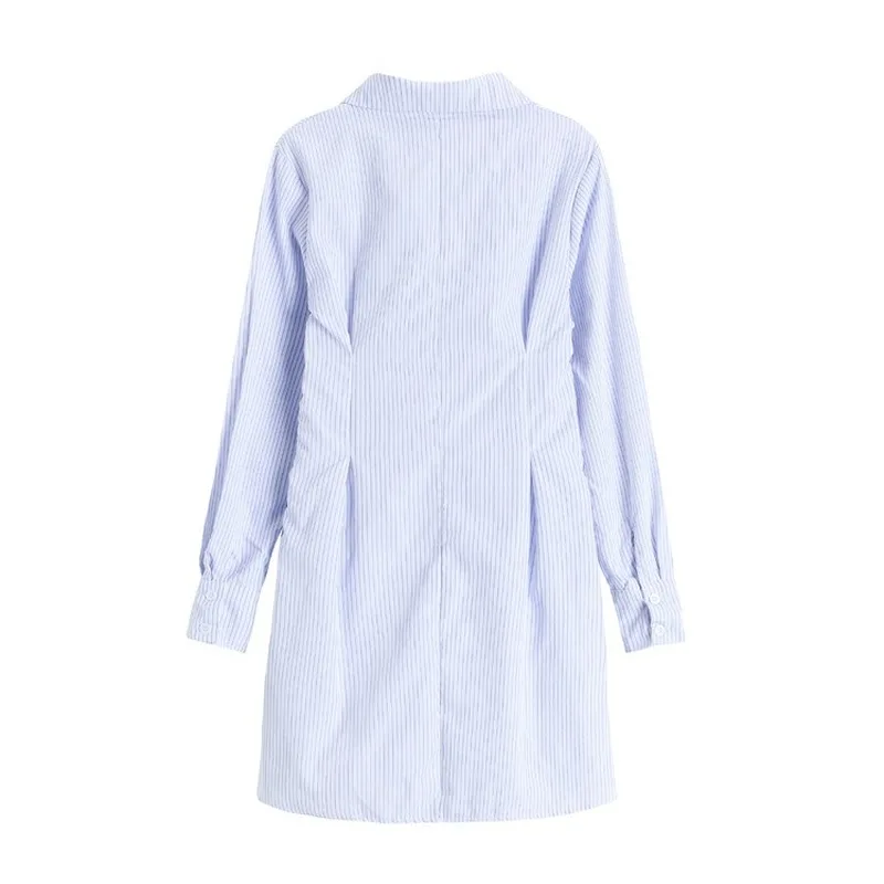 

Spring and Autumn 2021 New Lapel Long-sleeved Dress with Waist Waist Temperament V-neck Striped Shirt Dress Women Clothing