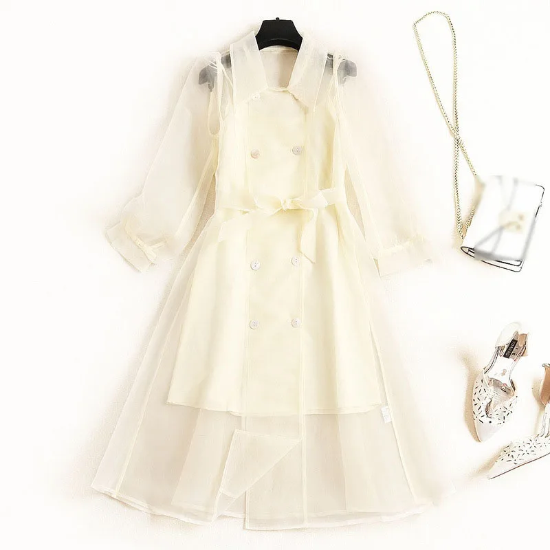 Новинка 2019 Женский Тренч из прозрачной органзы с длинным рукавом весенне осенний