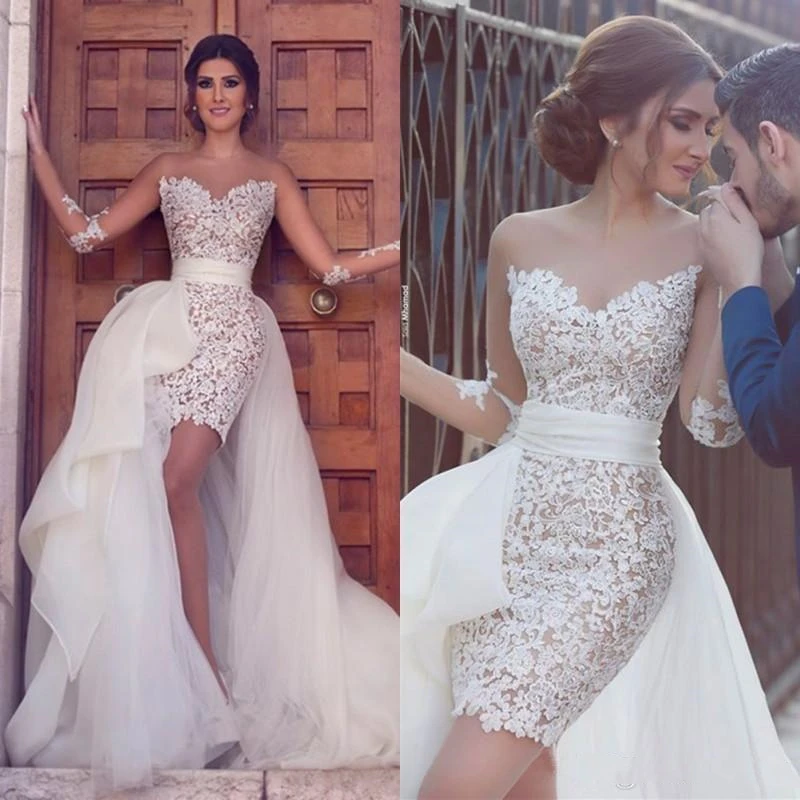 

2022 Sexy Arabic Short Sheath Lace Wedding Dresses With Detachable Train Illusion Long Sleeve Appliques Beach Dress Bridal Gowns