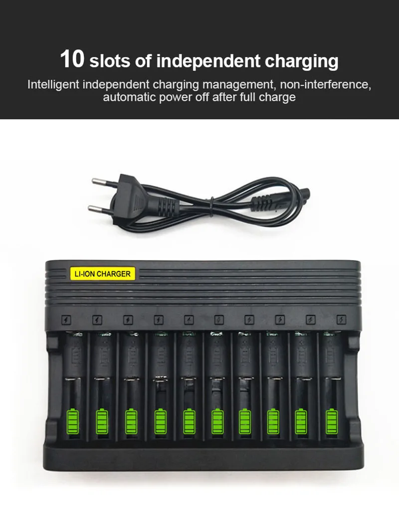 pujimax 26650 10 slots battery charger 18650 eu smart charging 14500 26500 22650 26700 li ion rechargeable battery charger free global shipping