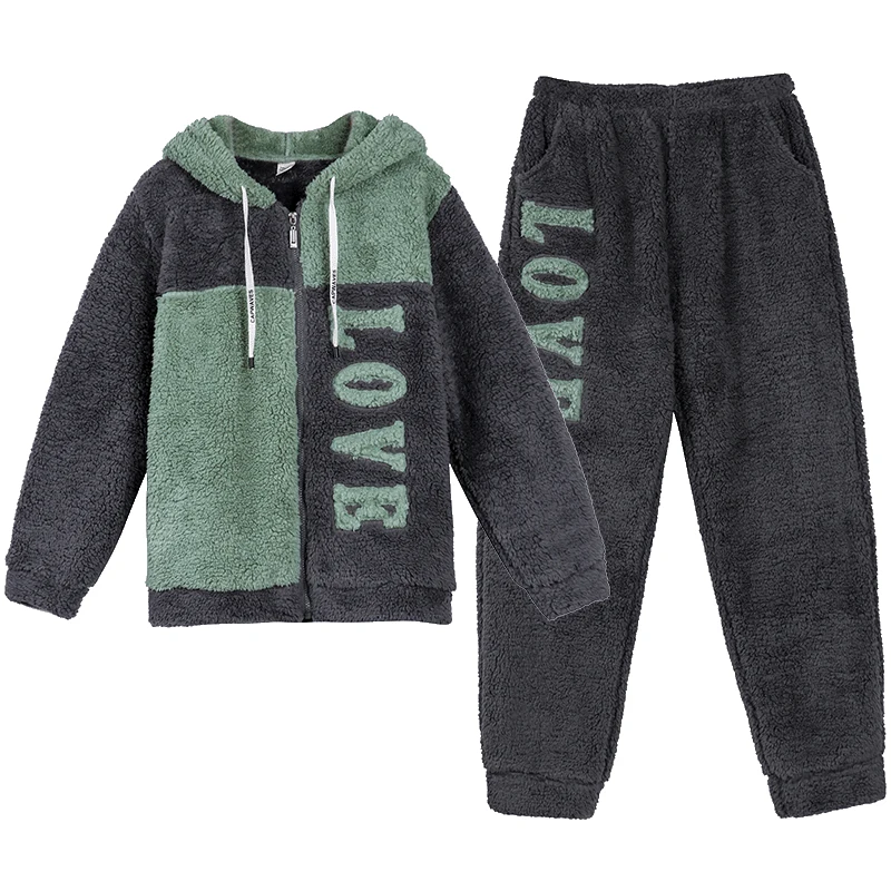 Pijama Mujer 2020 New Winter Home Clothes Fashion Sproty Style Women's Two Pieces Embroidery Hooded Set Particle Fleece Zip Pjs | Женская