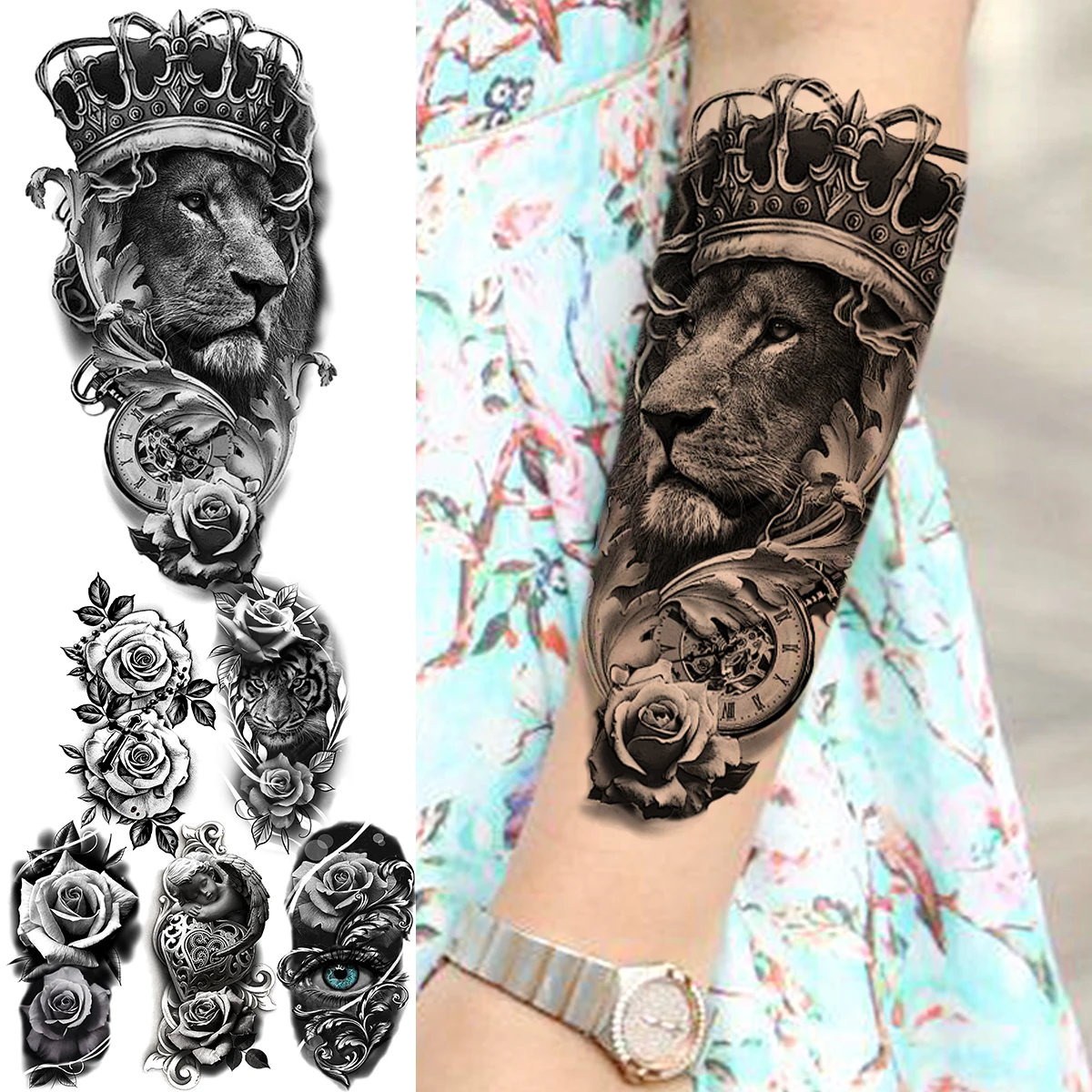 

Large Lion King Compass Flower Forearm Crown Temporary Tattoos For Women Men Tiger Fake Tattoo Waterproof Tatoos Decal