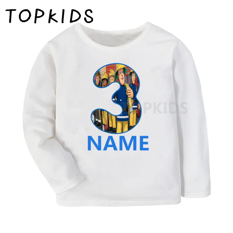 2019 Boys Girls Happy Birthday Fireman Sam Number 1-9 Print T shirt Kids Long Sleeve T-shirt Baby Funny Present Clothes LKP2458 | Детская