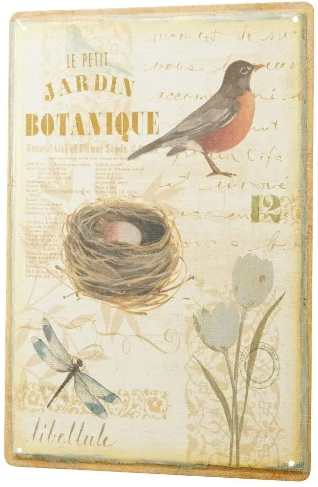 

LEotiE SINCE 2004 Nostalgic Tin Sign Metal Plate Decorative Sign Home Decor Plaques Botanical Garden Bird Bird nest Dragonfly