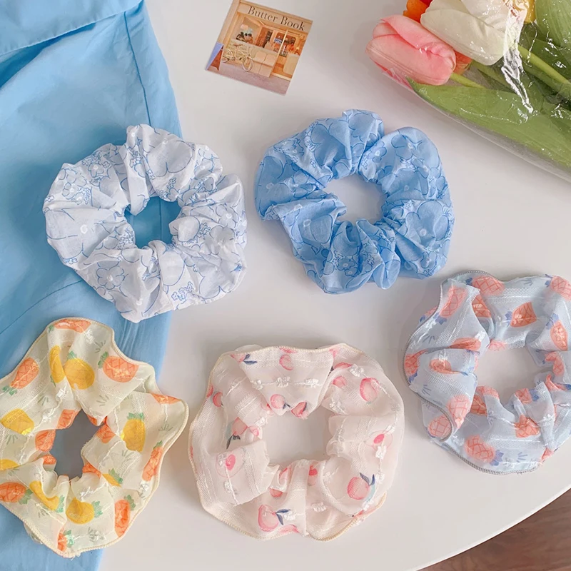 

Женская кружевная резинка для волос, Розовая прозрачная резинка из органзы с принтом фруктов и цветов в Корейском стиле, аксессуары для вол...