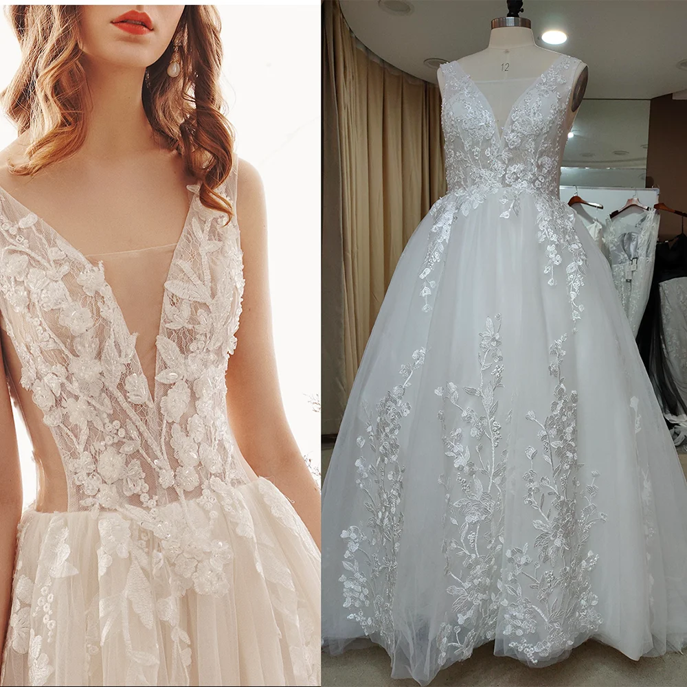 Кружевное бальное платье с бисером V образным вырезом без рукавов открытой