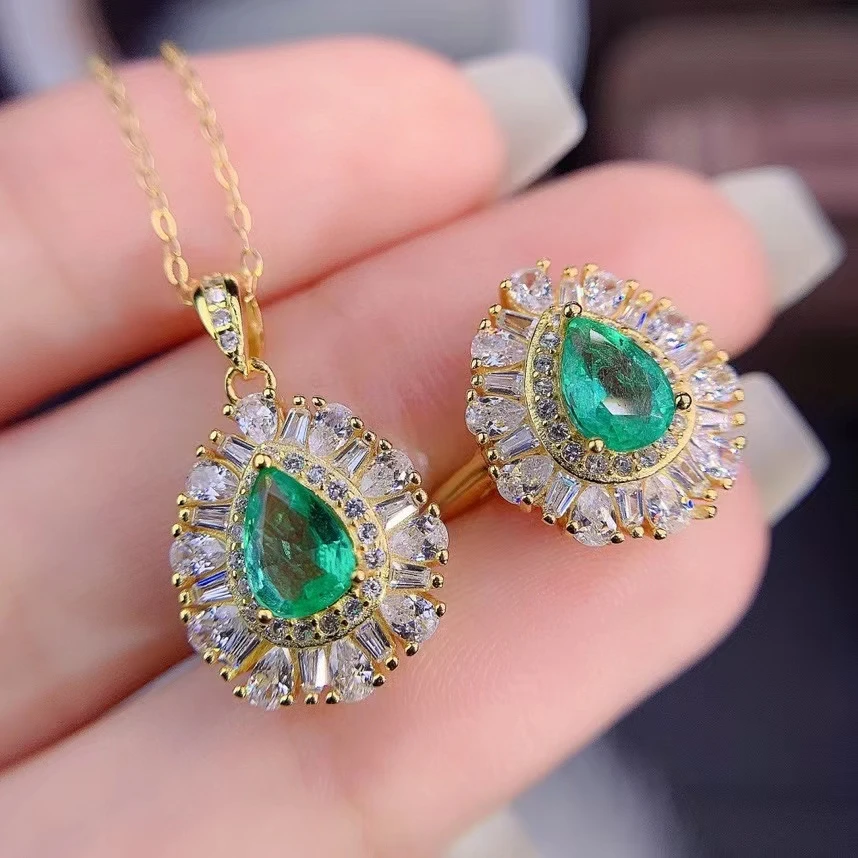 

MeiBaPJ Luxurious Natural Columbia Emerald Gemstone Jewelry Set 925 Sterling Silver 2 Siut Green Stone Fine Jewelry for Women