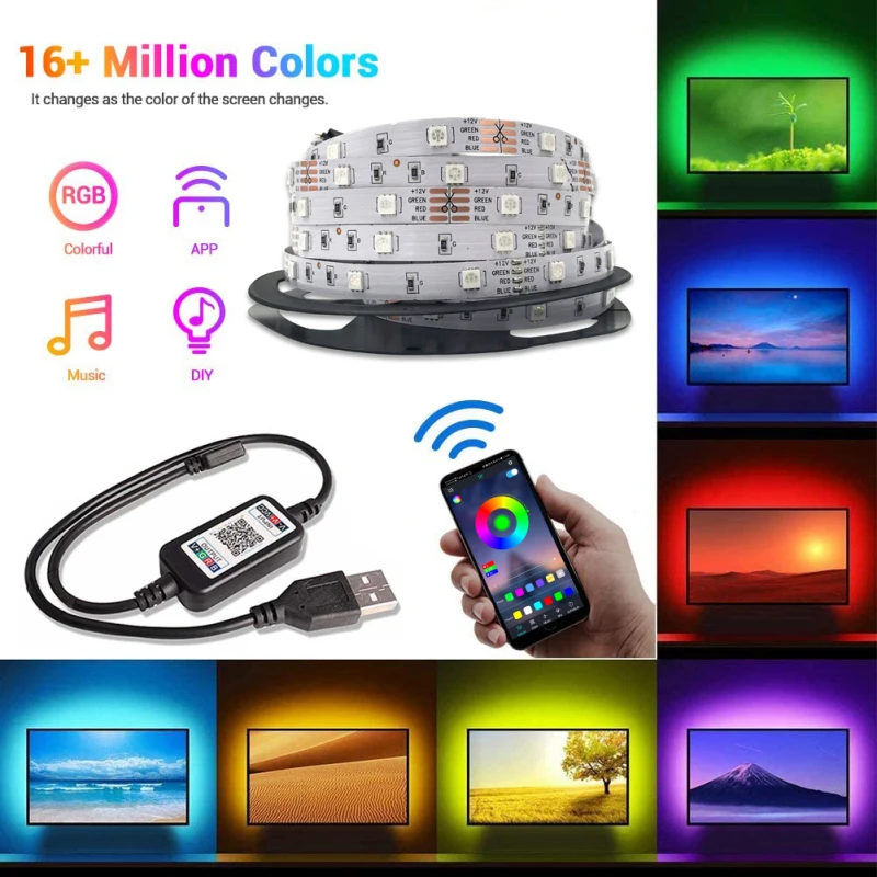 

USB LED Strip Light 5050 SMD USB Bluetooth-compatible RGB Lights Flexible LED Lamp Tape Ribbon TV Desktop Diode Tape Controller