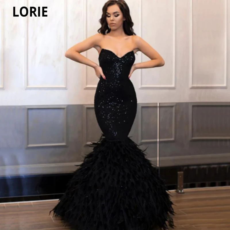 Vestidos de Noche de sirena de plumas negras brillantes, elegante vestido de baile de graduación con lentejuelas, con cremallera en la espalda, vestidos de fiesta formales (0)
