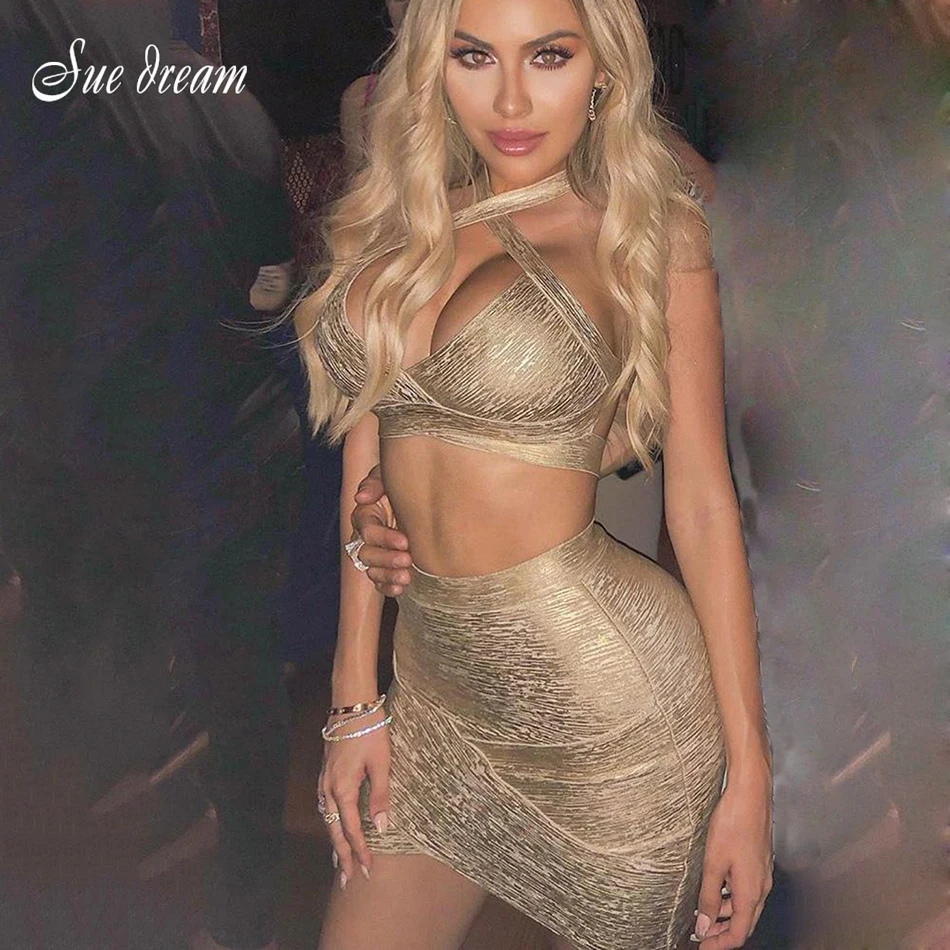 Лето 2020 новый женский облегающий бандажный комплект платье Vestidos золотой синий