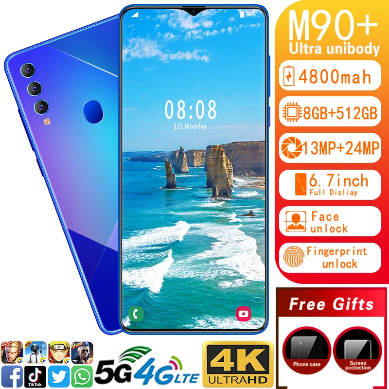 

M90 + Smartphone Global Version 4800mAh 8GB + 512GB 6.7 Inches 13MP +24MP Fingerprint Face Recognition To Unlock 5G Mobile Phone