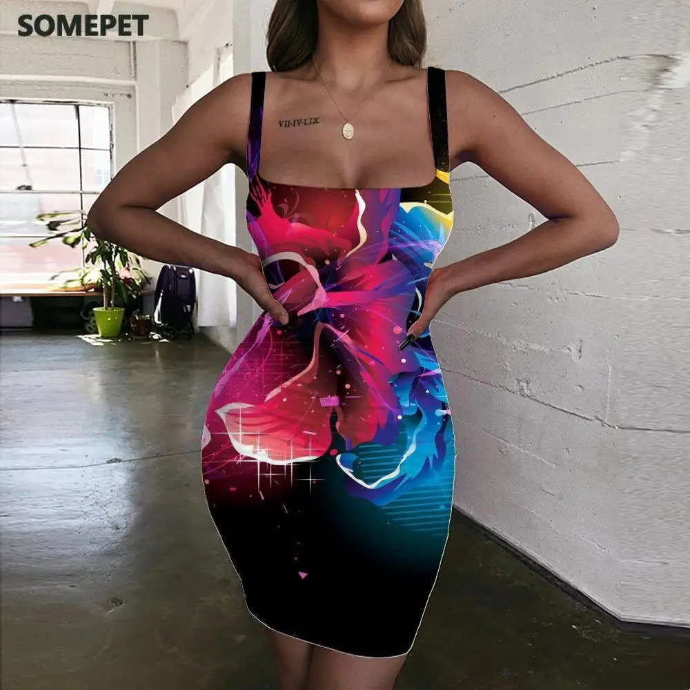 

SOMEPET Flower Dress Women Colorful Sundress Graffiti Ladies Dresses Butterfly Halter Sleeveless Womens Clothing Party Vintage
