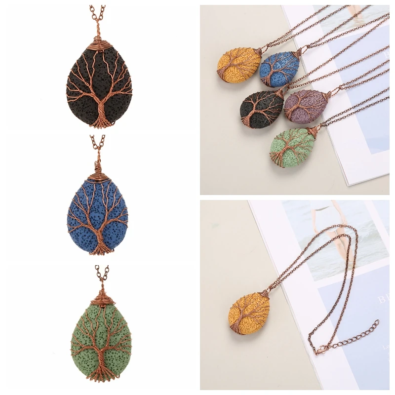 Натуральный камень подвеска в виде дерева жизни лавовый цвет розового золота