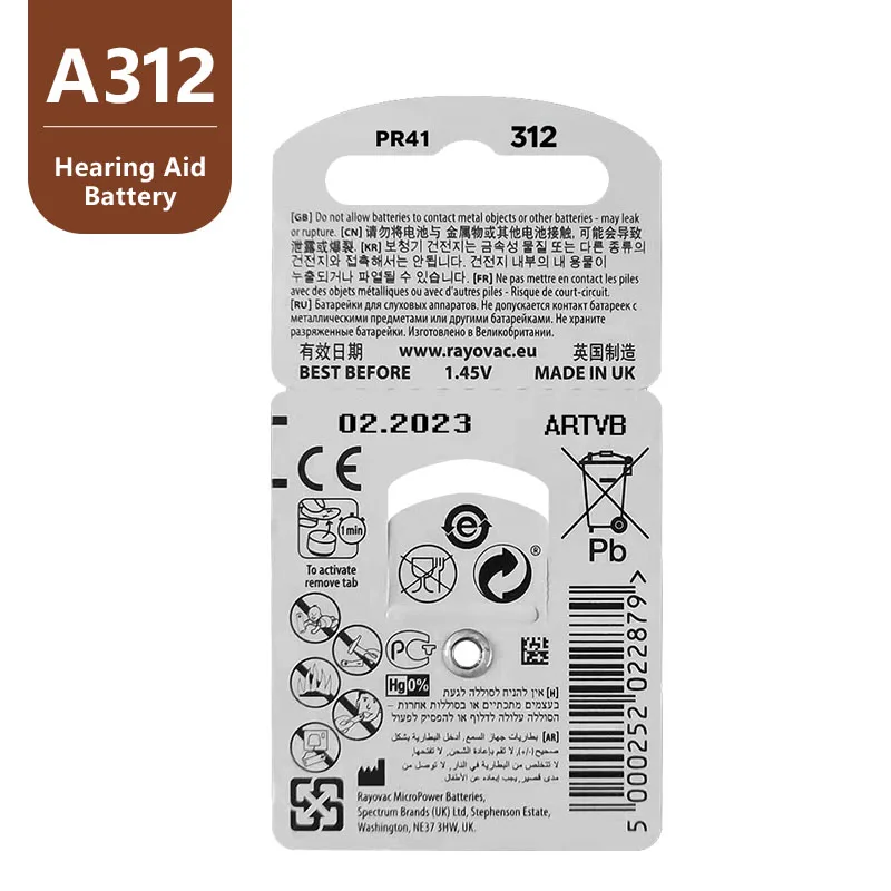 Батареи для слухового аппарата Rayovac Peak A312 312A ZA312 312 PR41 U 60 шт.|battery a312|hearing aid batteries