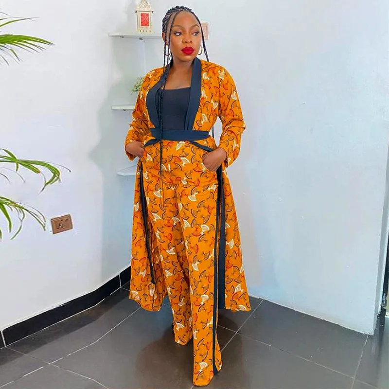 

Fashion Women's Suit New Summer Casual Hot Sale Yellow Retro Coat Print Plus Wide Leg Trousers Two-piece Suit Lace Donsignet