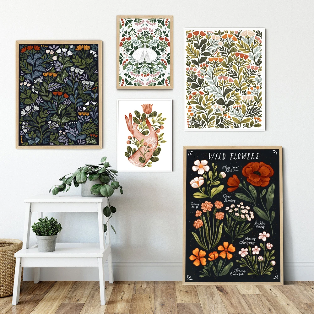 

Gentle Wild Flowers Wall Art Canvas Painting Nordic Abstract Flora Moth Hand Poster and Print Retro Living Bed Room Home Decor