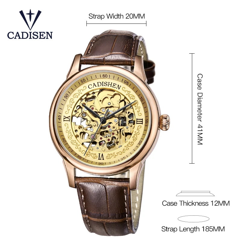 Cadisen золотые часы Мужские механические с скелетом из нержавеющей стали топ