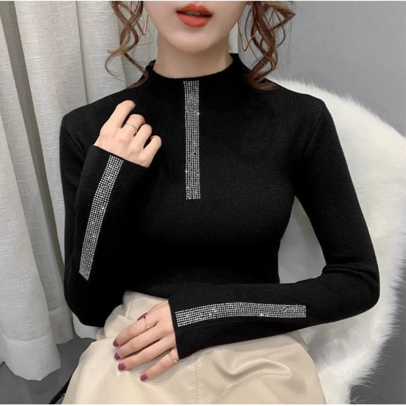 

Women's turtleneck sweaters, women's underwear, thin artificial diamond sweaters, tops, autumn / winter