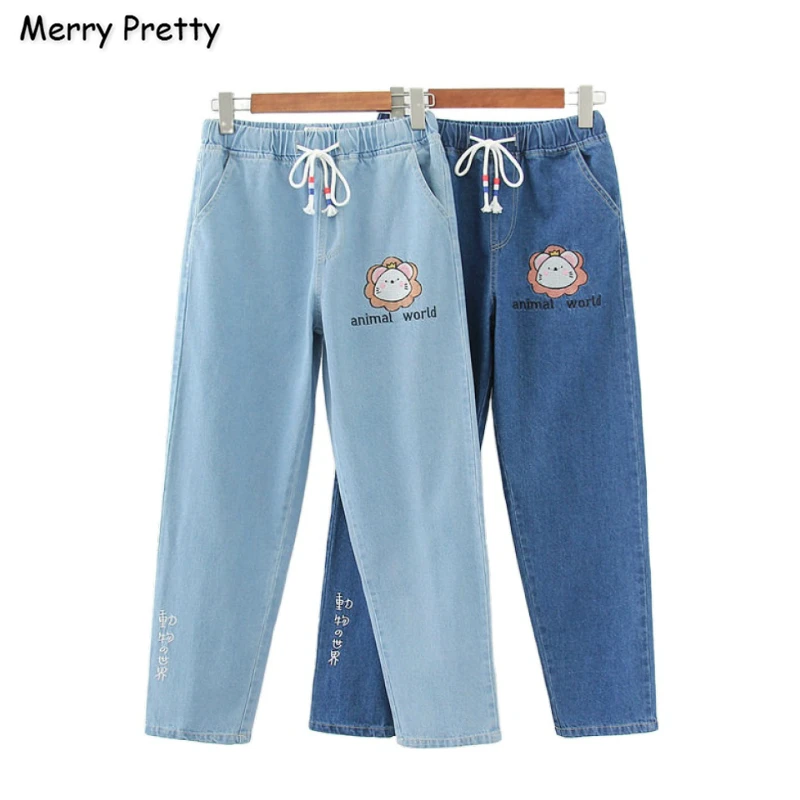 

Women's Denim Pants Cartoon Embroidery Pockets Jeans For Girl 2020 Spring New High Waisted Casual Straight Pant MERRY PRETTY