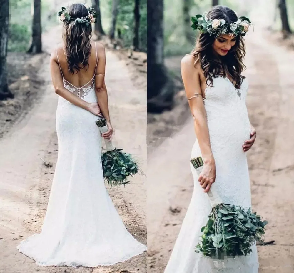 

Wedding Dresses For Pregnant V Neck Sexy Beach White Beautiful See Through Open Back Mermaid Women Vestido De Noiva Brautkleid